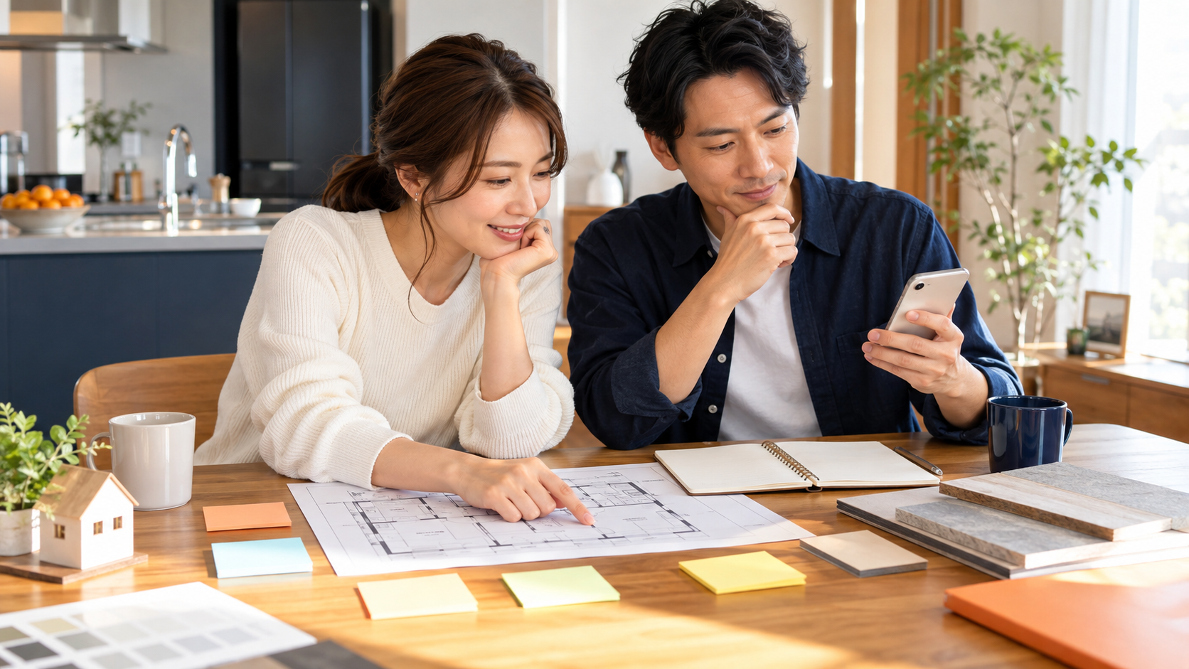 リフォームの希望や予算を整理しながら相談先を検討する様子