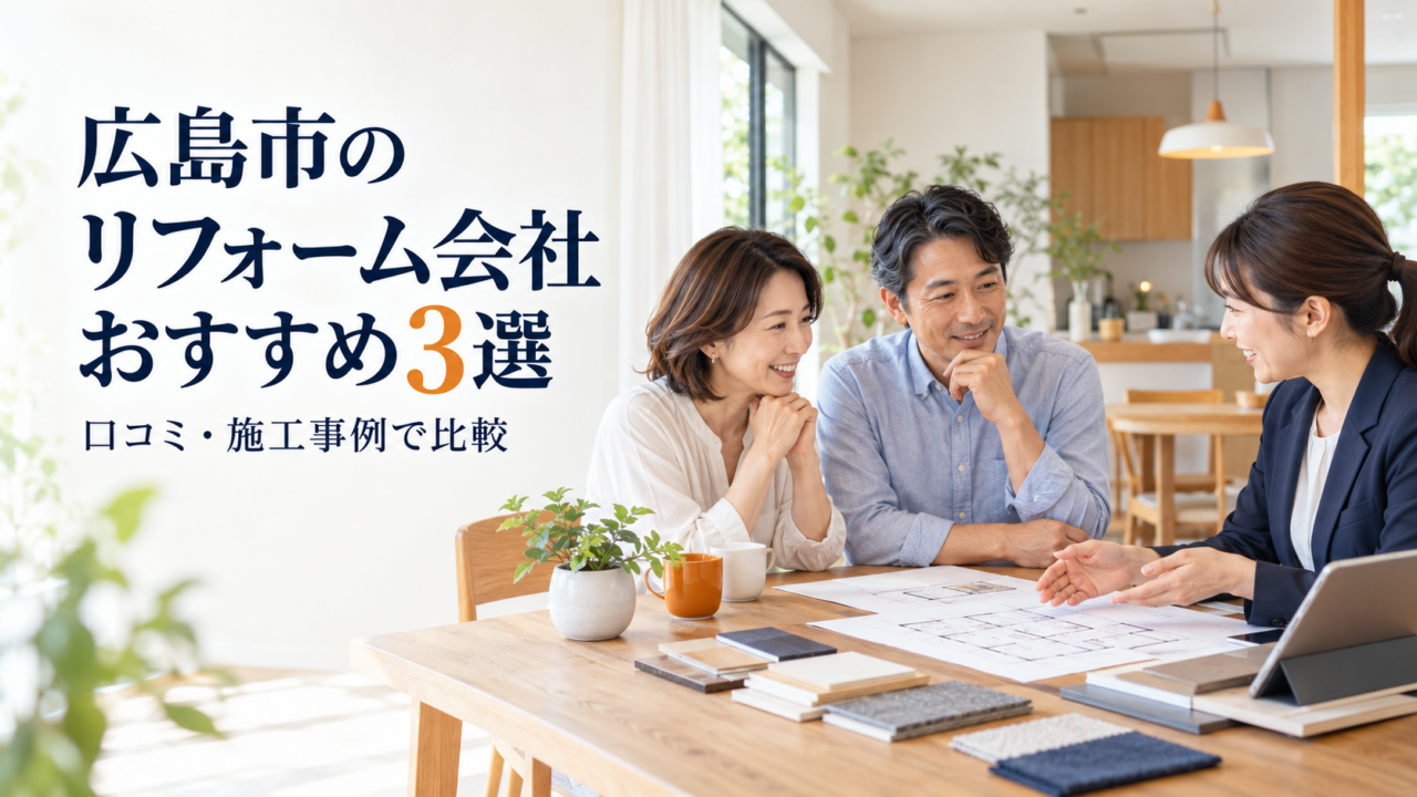 広島市のリフォーム会社おすすめ3選を紹介する記事のアイキャッチ。夫婦が担当者と図面を見ながら相談する様子