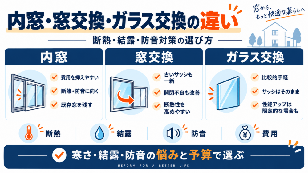 内窓・窓交換・ガラス交換の違いと断熱・結露・防音対策の選び方を比較した図解