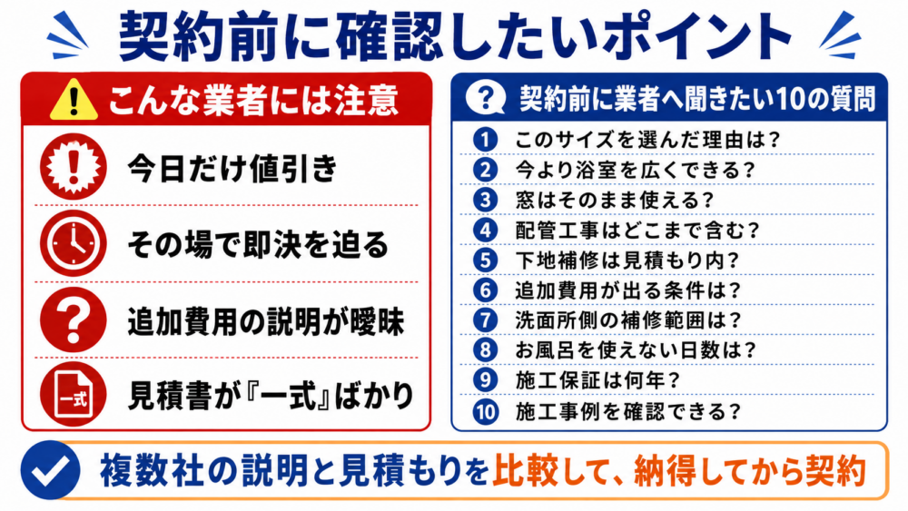 浴室リフォーム契約前に確認したい即決営業・追加費用・見積書・工事範囲・保証などのチェックポイント