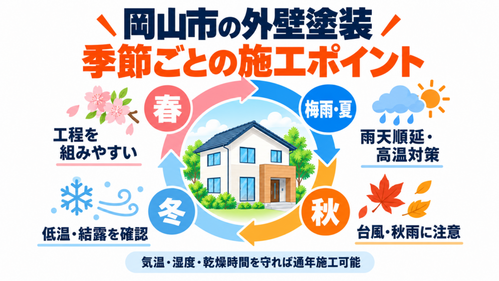 岡山市の外壁塗装における春・梅雨・夏・秋・冬の施工ポイント