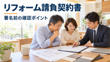 リフォーム請負契約書を前に施主と担当者が署名前の確認をしている様子