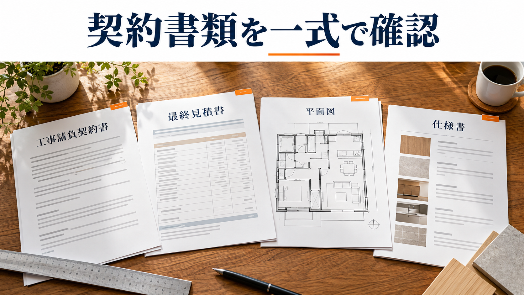 リフォームの請負契約書・最終見積書・平面図・仕様書を並べて確認