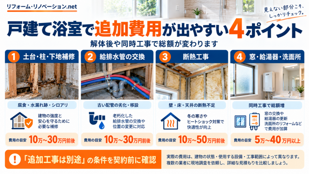 戸建て浴室リフォームで追加費用が発生しやすい4つのポイントを解説した図
