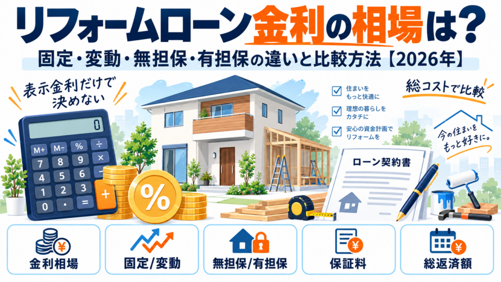 リフォームローン金利の相場と固定金利・変動金利・無担保型・有担保型の違い、総コストの比較方法をまとめた図解