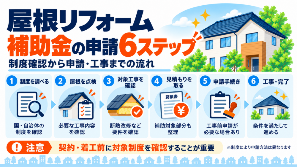 屋根リフォーム補助金を使うための制度確認から点検・見積もり・申請・工事までの6ステップを示した図解