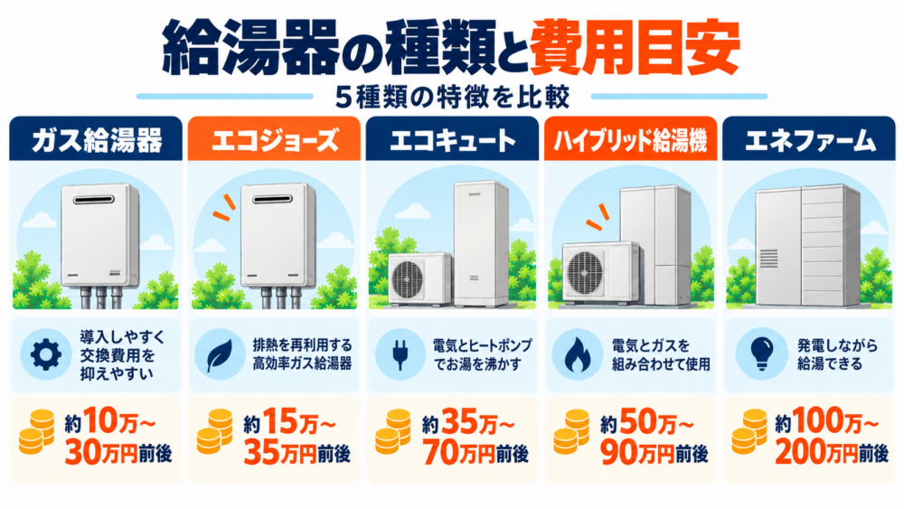 ガス給湯器・エコジョーズ・エコキュート・ハイブリッド給湯機・エネファームの特徴と費用目安を比較した図解
