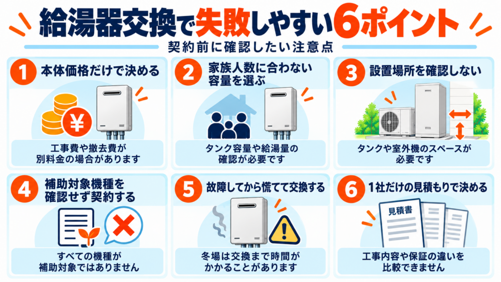 給湯器交換で失敗しやすい本体価格・容量・設置場所・補助対象・交換時期・相見積もりの6ポイントを整理した図解