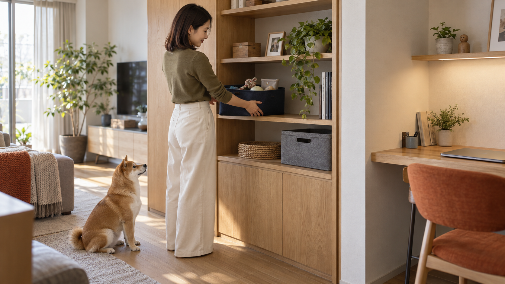 愛犬の用品を木製の収納棚に整理する女性