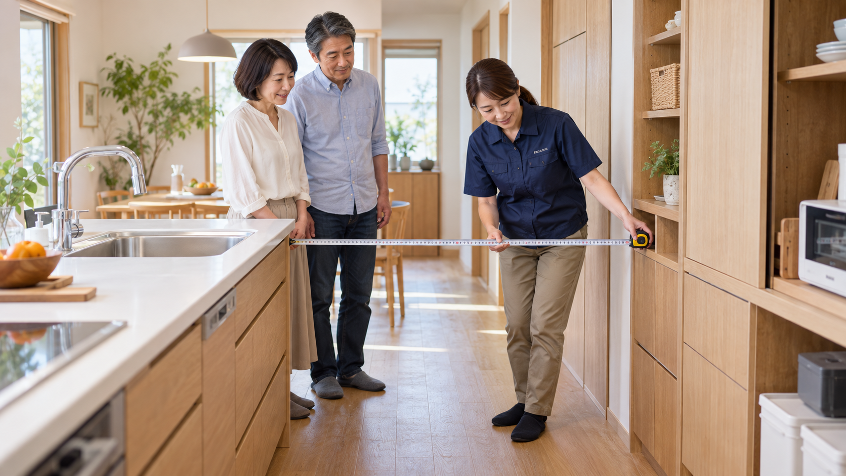 夫婦が見守る中で担当者がキッチンと収納の間の通路幅を測る現地調査