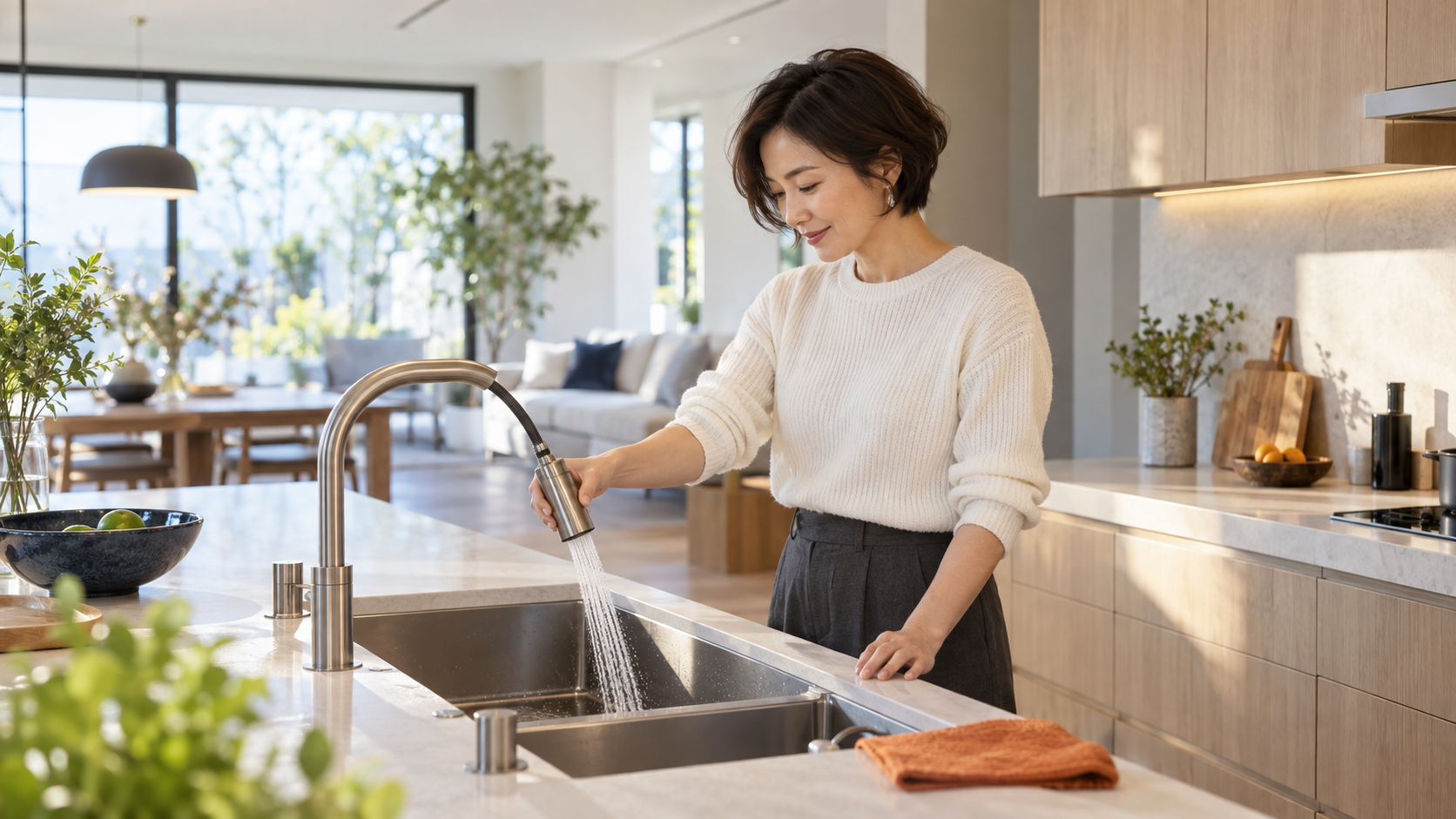 明るいキッチンで引き出し式水栓の使い勝手を確かめる女性