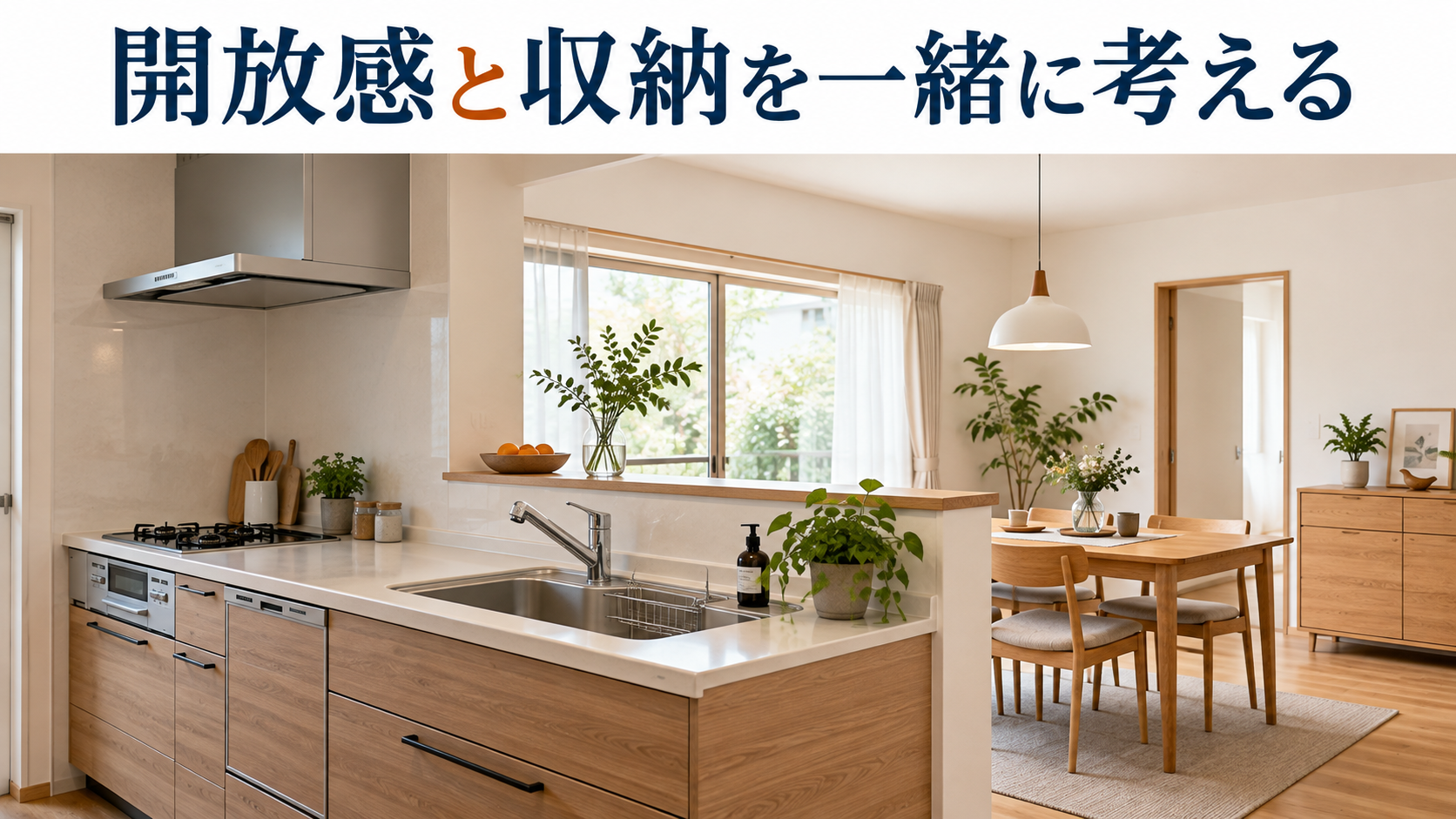 吊戸棚のない開放的なキッチンとダイニング側の収納を組み合わせた改修イメージ