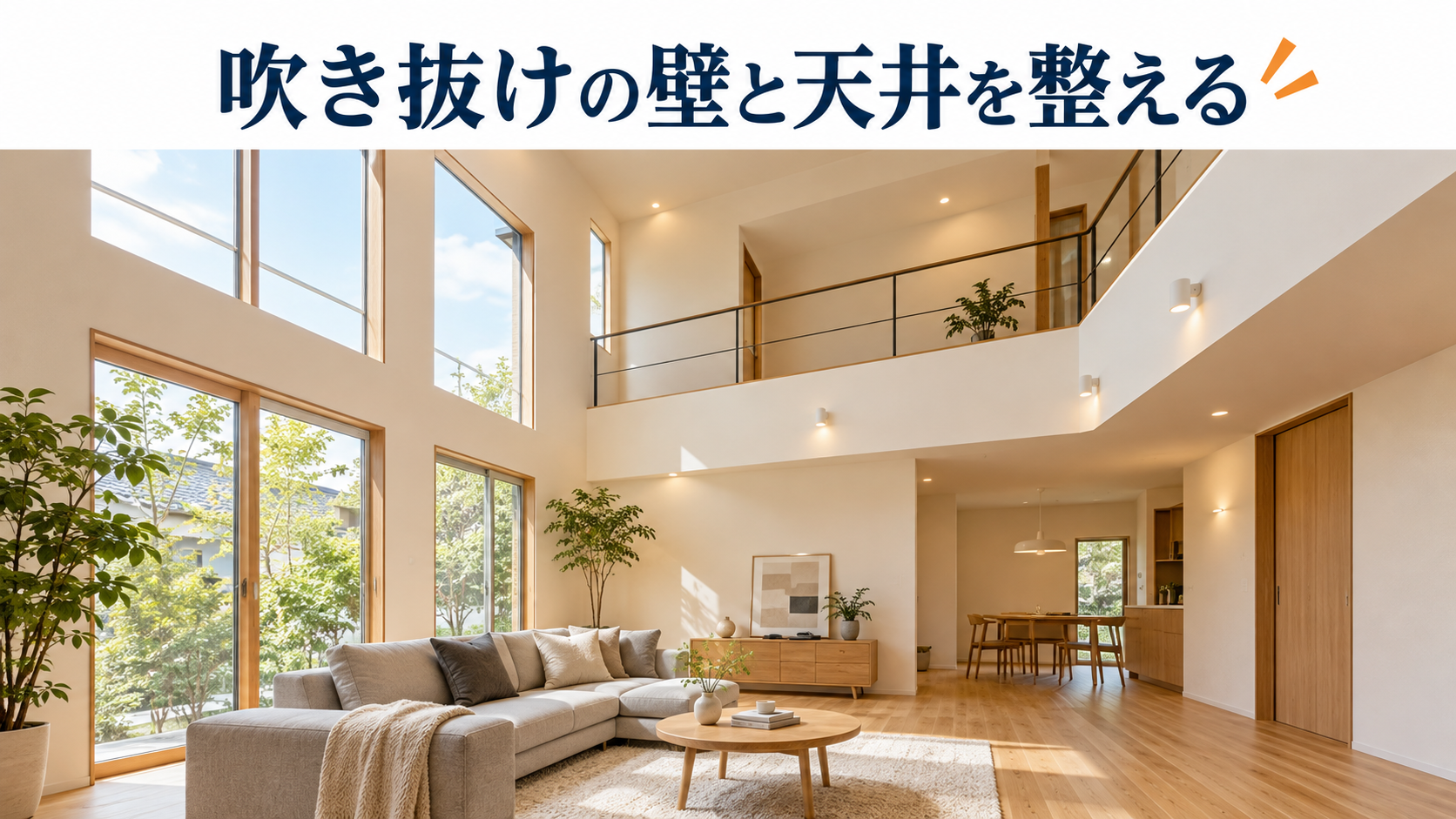 吹き抜けの高い壁と天井を明るい色で整えたリビングの内装リフォームイメージ