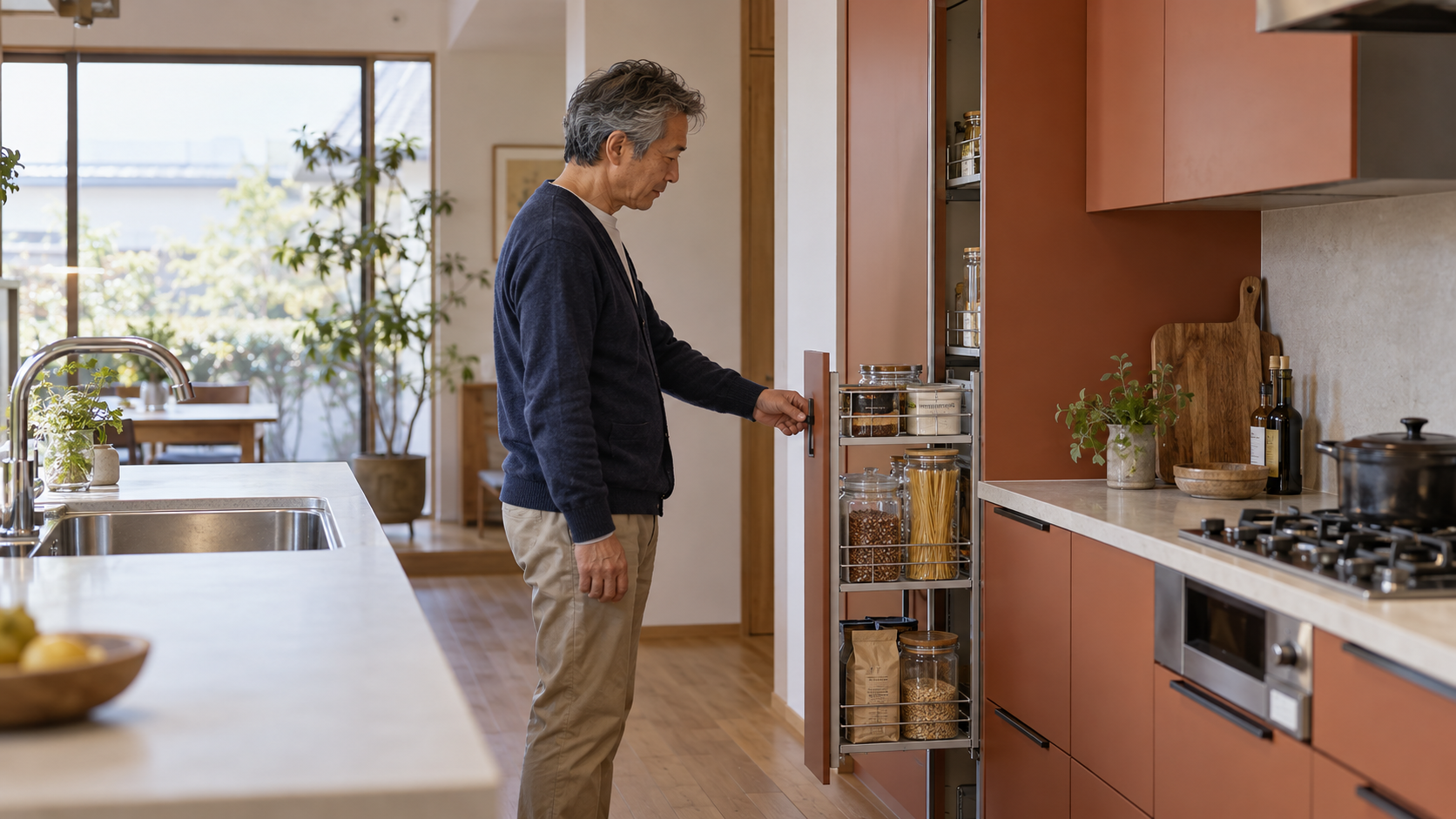 キッチンの引き出し式パントリーを開けて収納の使い勝手を確認する男性