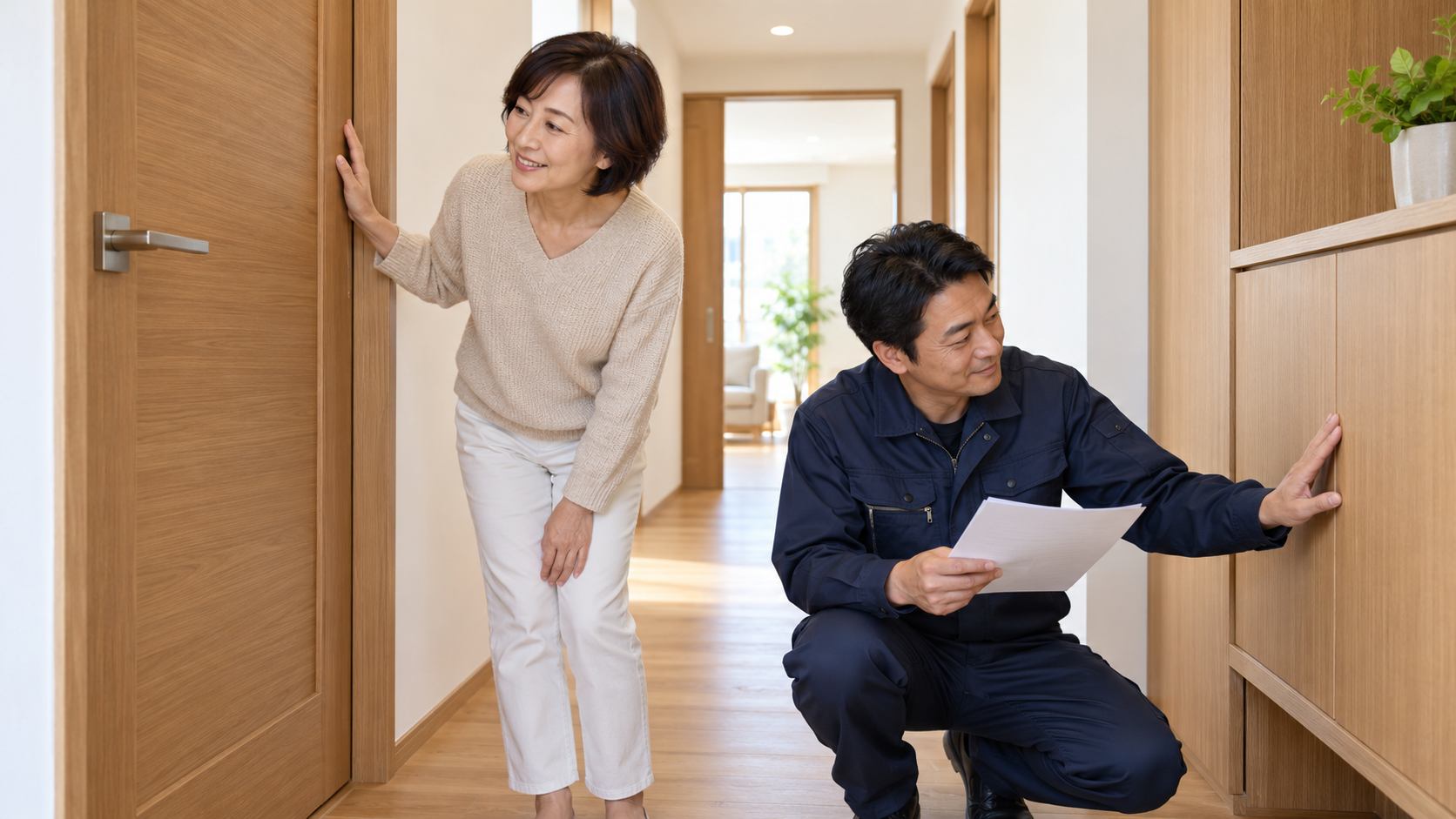 施主と現場担当者がリフォーム後の木製ドアや収納の仕上がりを確認する生成イメージ
