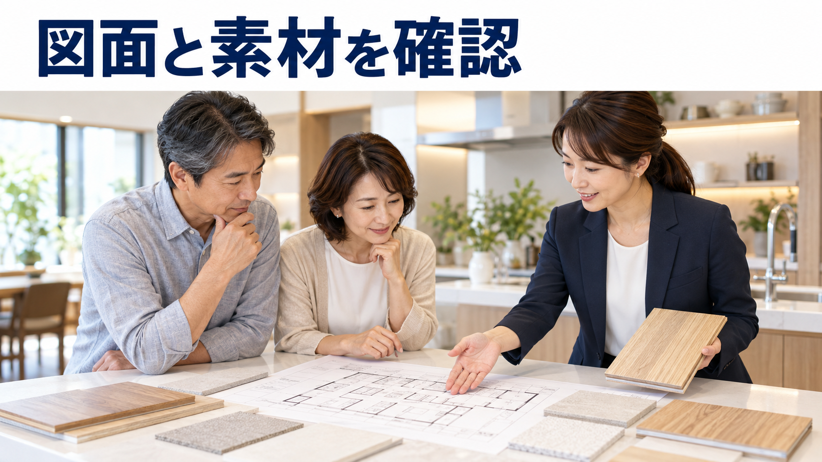 夫婦が担当者の説明を聞きながら間取り図と床材のサンプルを確認する様子