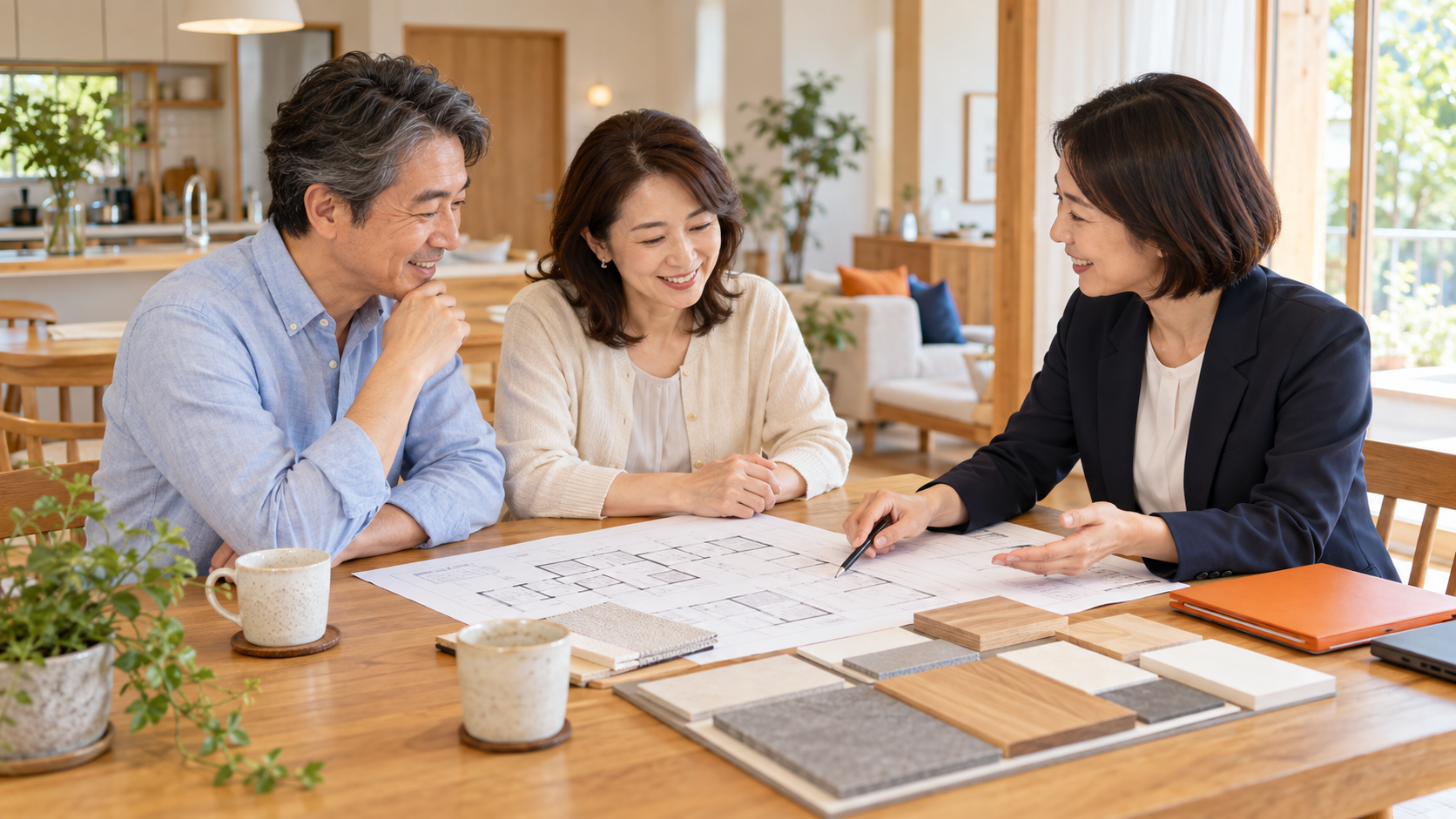 夫婦が担当者と間取り図や素材サンプルを見ながらリフォームの希望を相談する様子