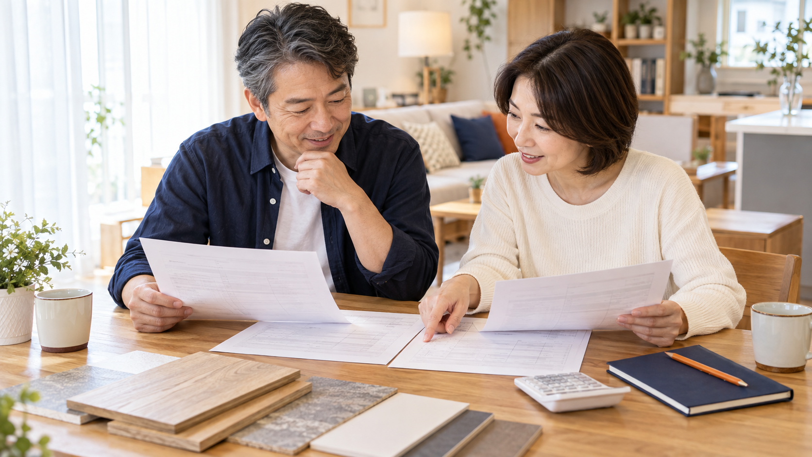 夫婦がリフォームの見積書を並べて工事内容と費用を比較する様子