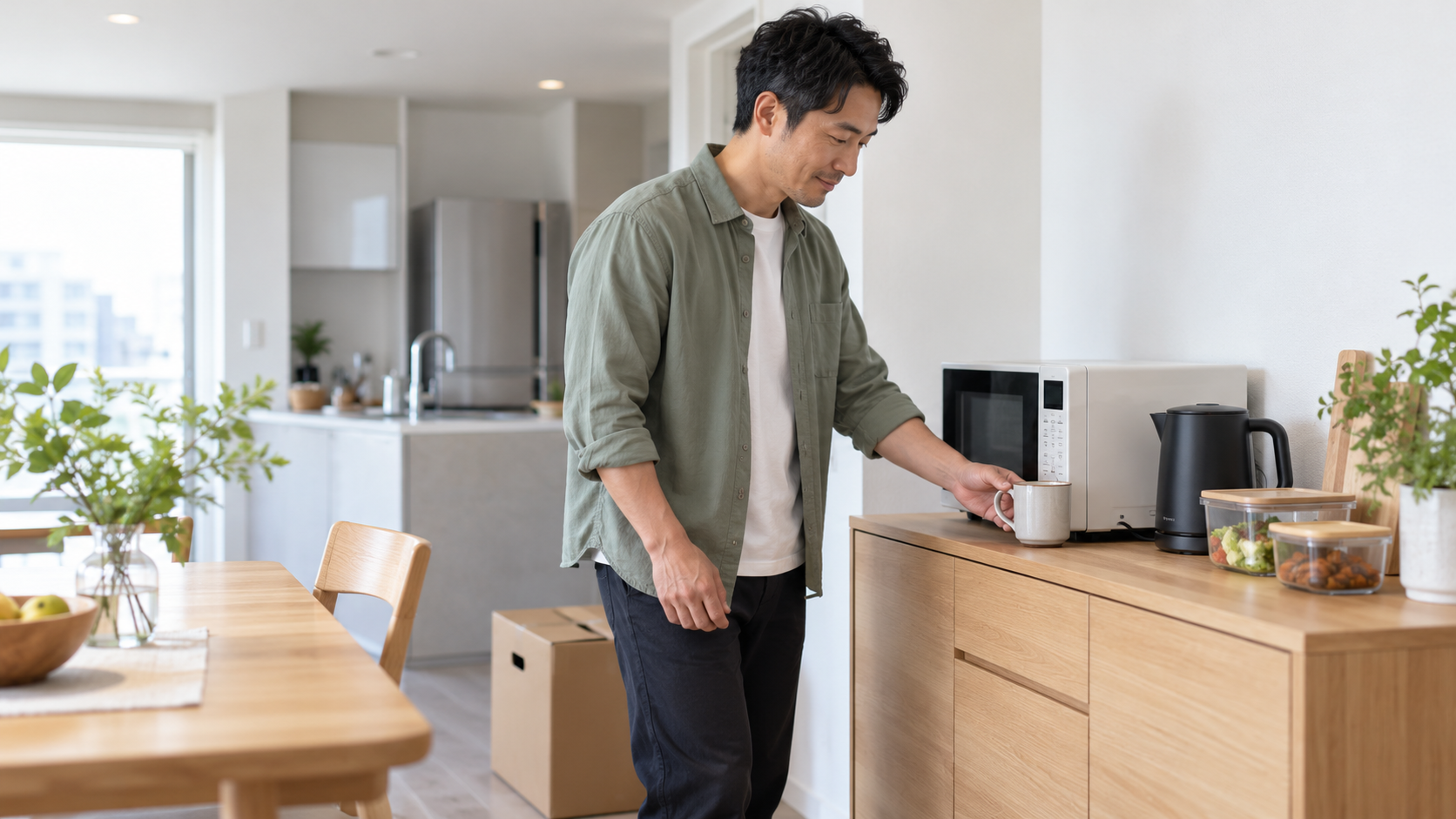 キッチン改修に備えて電子レンジやケトルを置いた仮設の食事スペースを整える男性