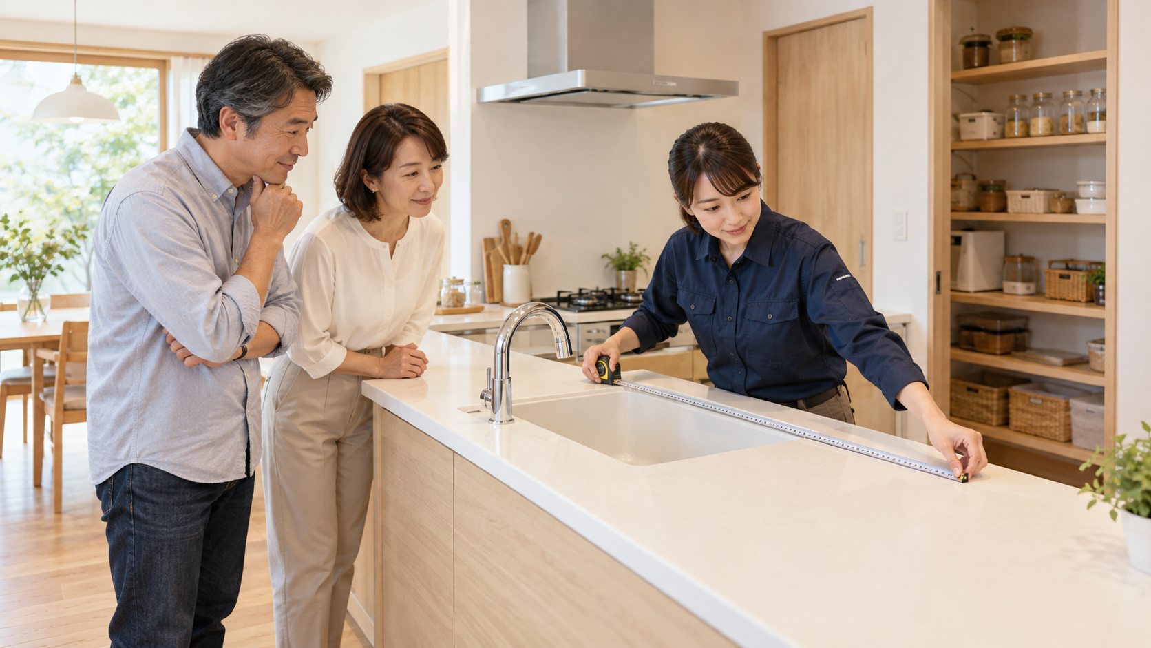 夫婦が見守る中で担当者がキッチンの寸法を測るリフォームの現地調査