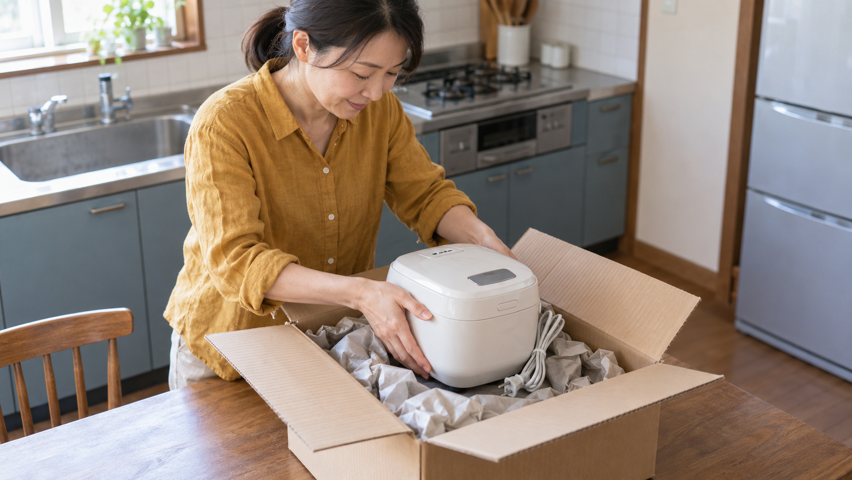 リフォーム前に炊飯器を緩衝材で包んで段ボールに梱包する女性