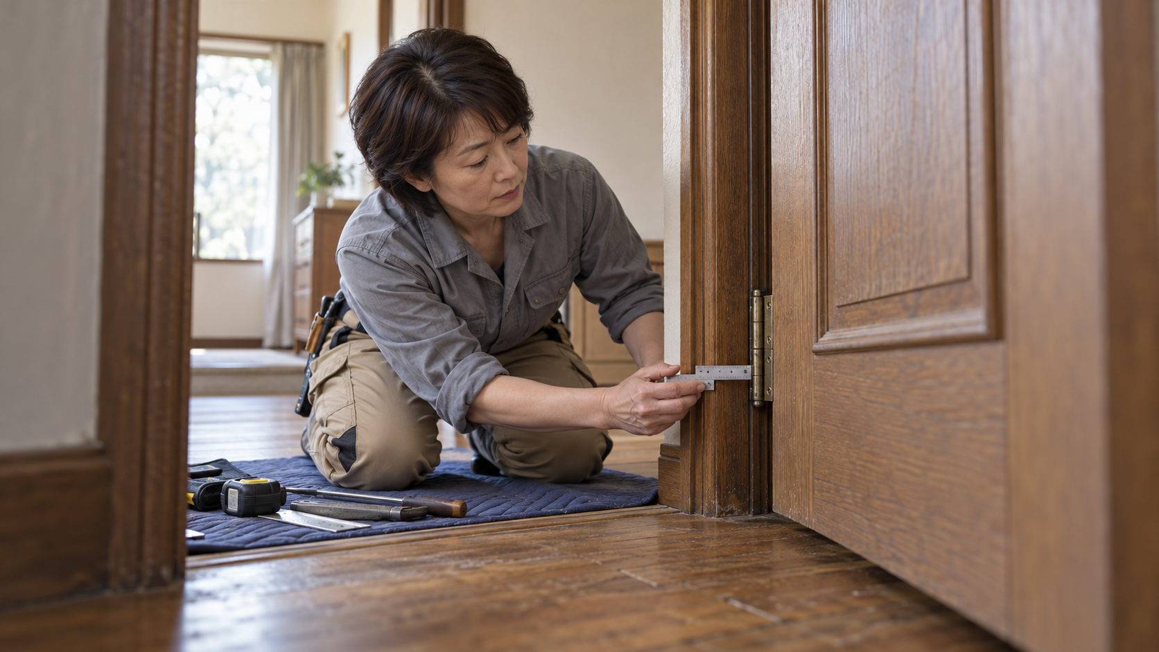 室内の木製ドアの蝶番と枠まわりを点検する職人