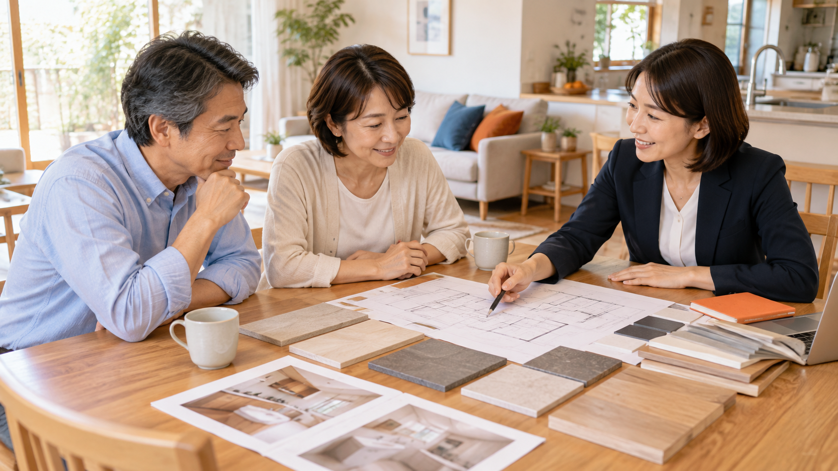 夫婦が担当者と間取り図や素材サンプルを見ながら住まいの改修計画を相談する様子
