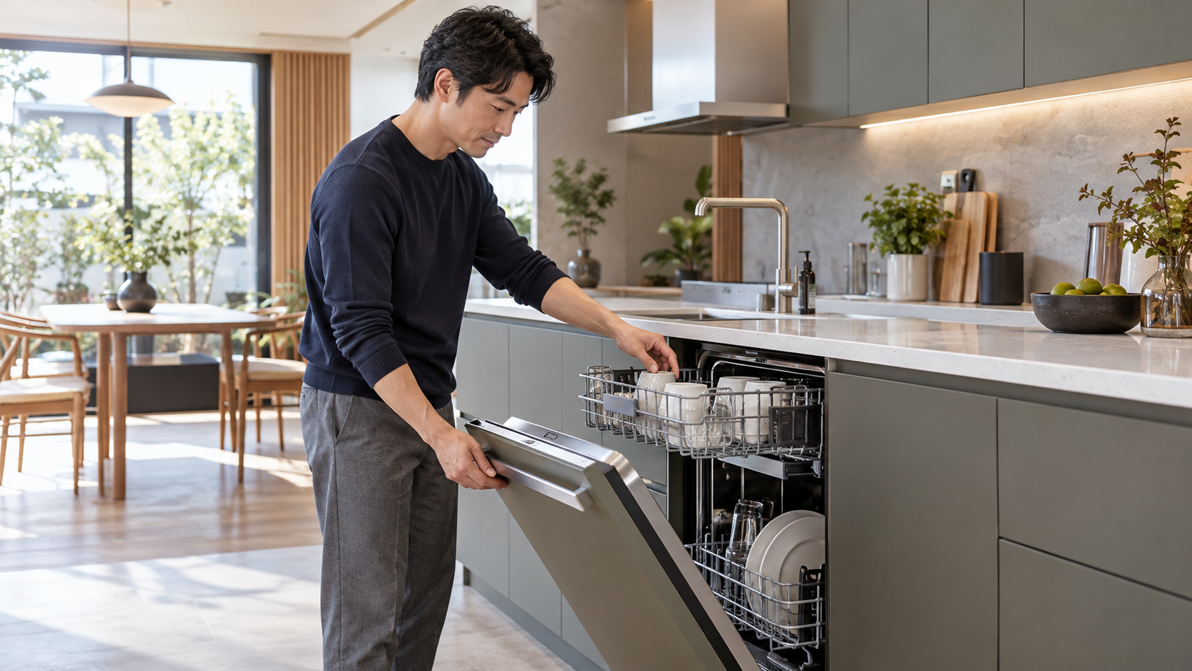 現代的なキッチンで食洗機のラックと扉の使い勝手を確認する男性
