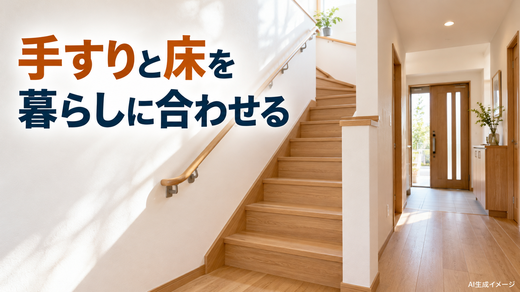 階段の手すりと廊下の床を整えた住宅の部分改修イメージ