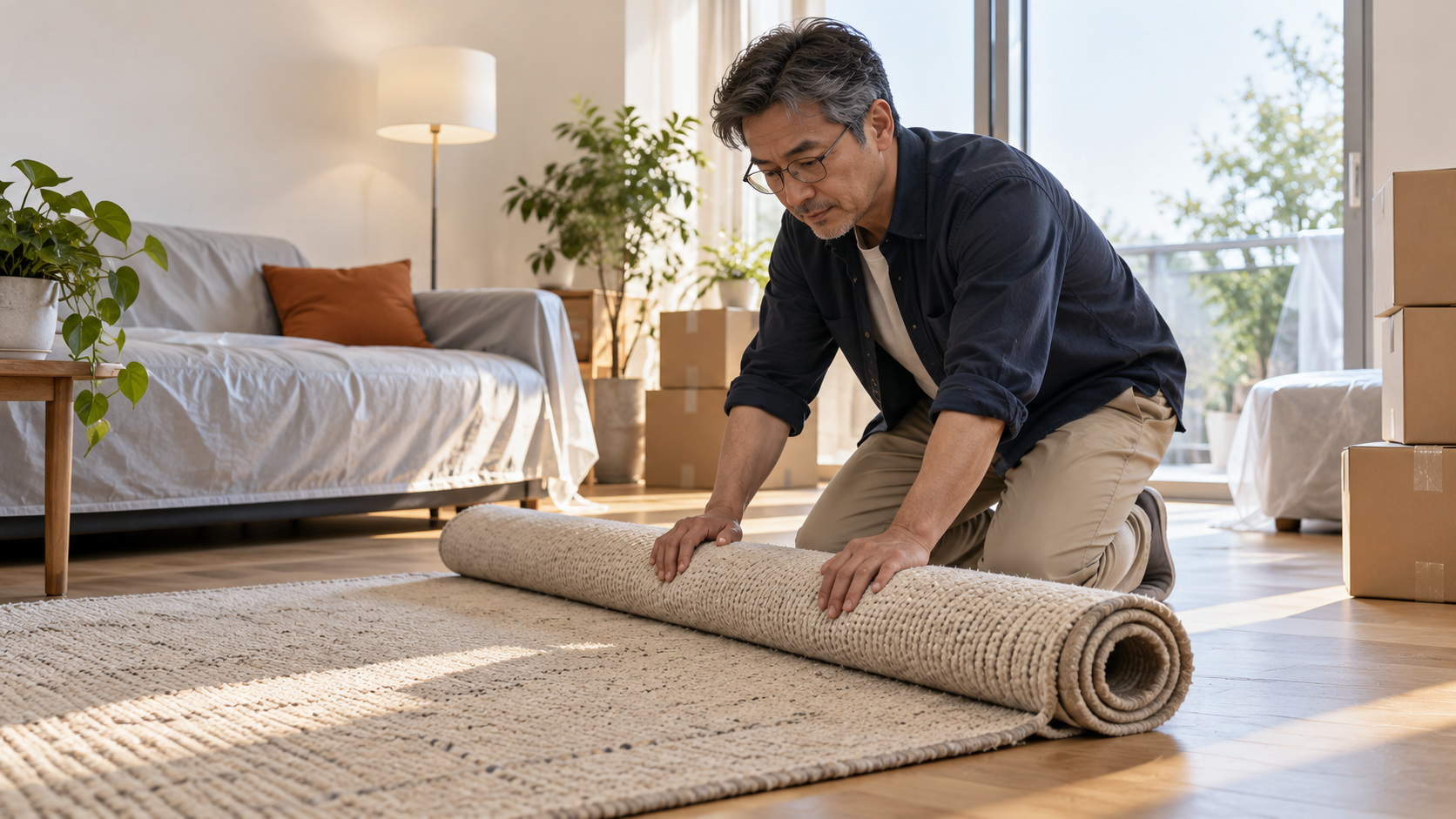 リフォーム工事に備えてリビングのラグを巻いて片付ける男性