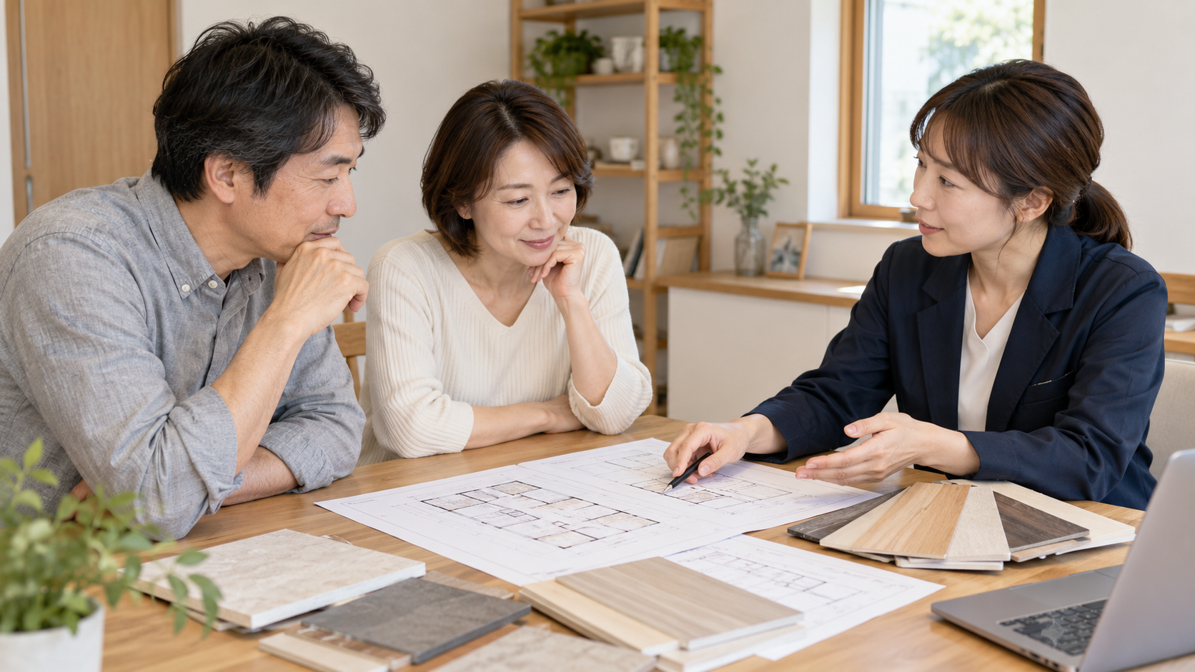 夫婦が担当者と図面や建材を見ながらリフォームを相談する生成イメージ