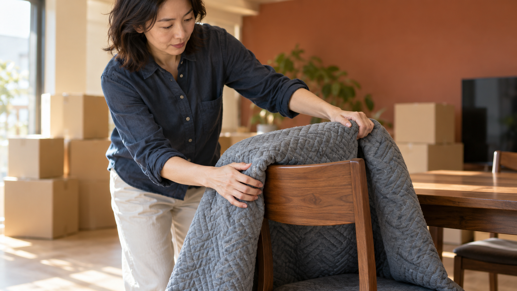 リフォーム前に木製の椅子へ保護用の毛布をかける女性