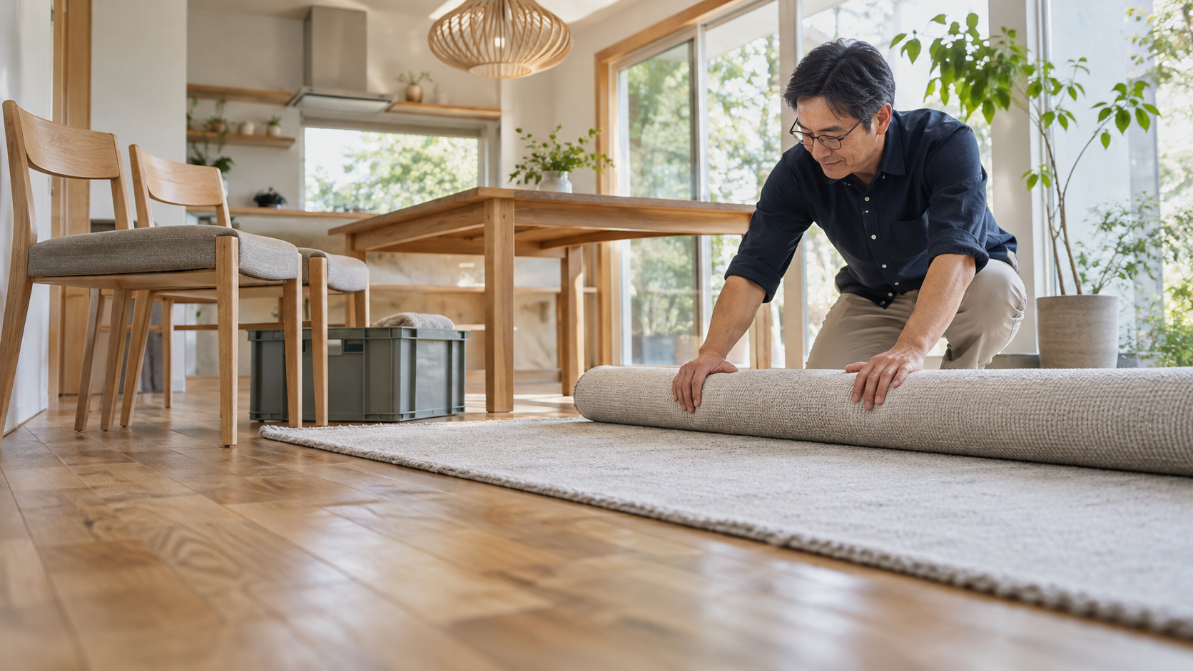 リフォーム前にダイニングのラグを巻いて片付ける男性