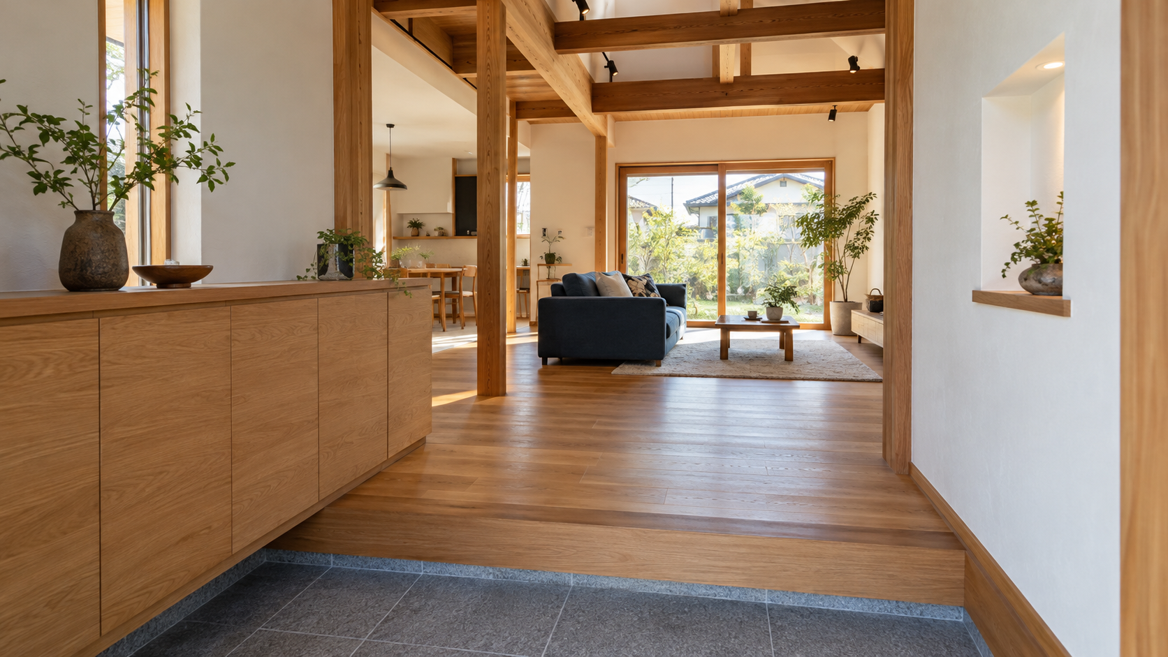 木の玄関収納と梁を生かした明るいリビングがつながる住まいの生成イメージ