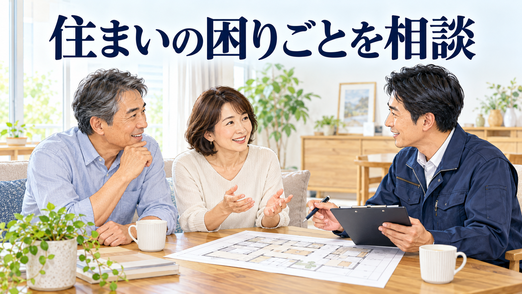 夫婦が住まいの困りごとをリフォーム担当者に相談する様子