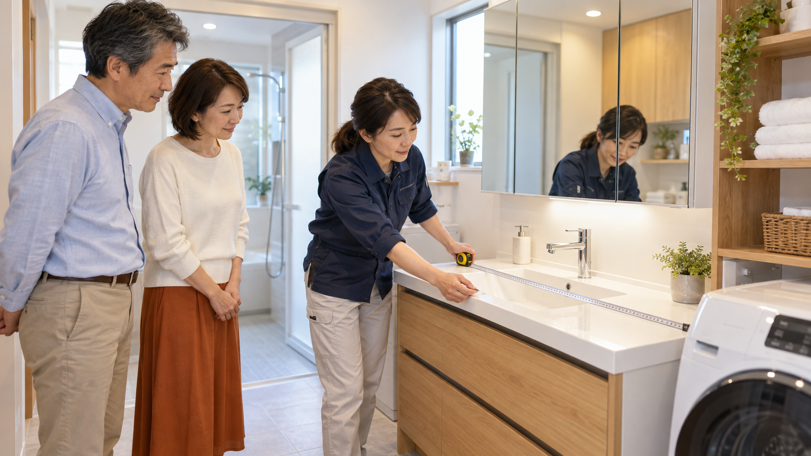 夫婦が見守る中で担当者が洗面台の寸法と周辺のスペースを確認する現地調査