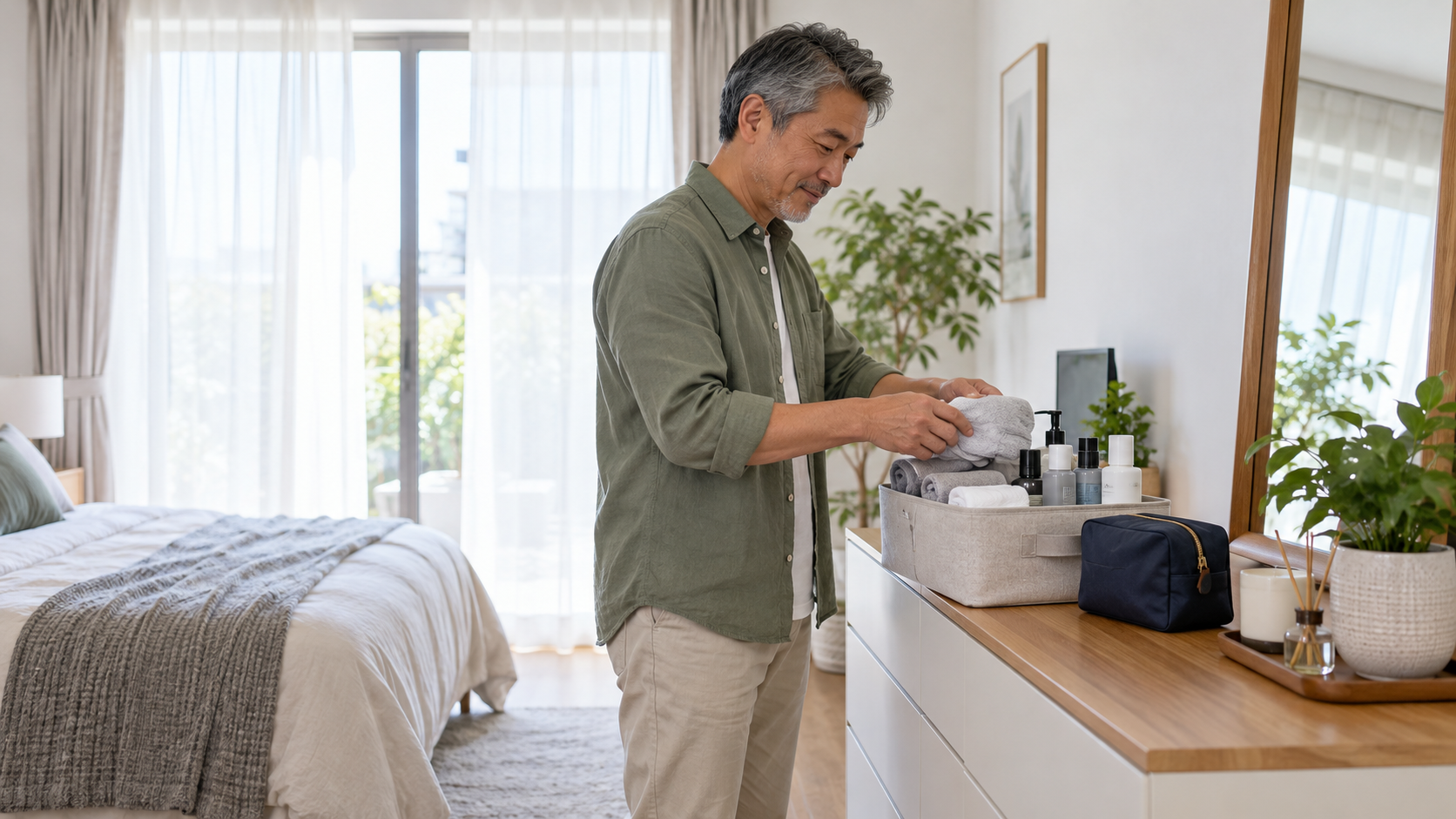 浴室リフォームに備えてタオルと洗面用品を収納かごにまとめる男性