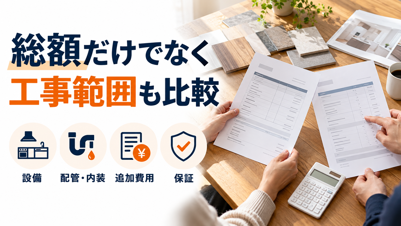 リフォーム見積もりの総額と工事範囲を設備・配管と内装・追加費用・保証で比較するポイント