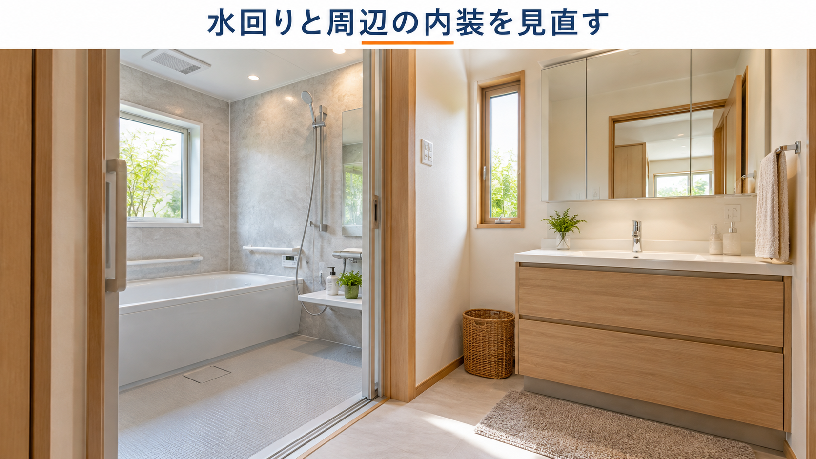 浴室と隣接する洗面室の設備や内装を整えた水回りリフォームのイメージ