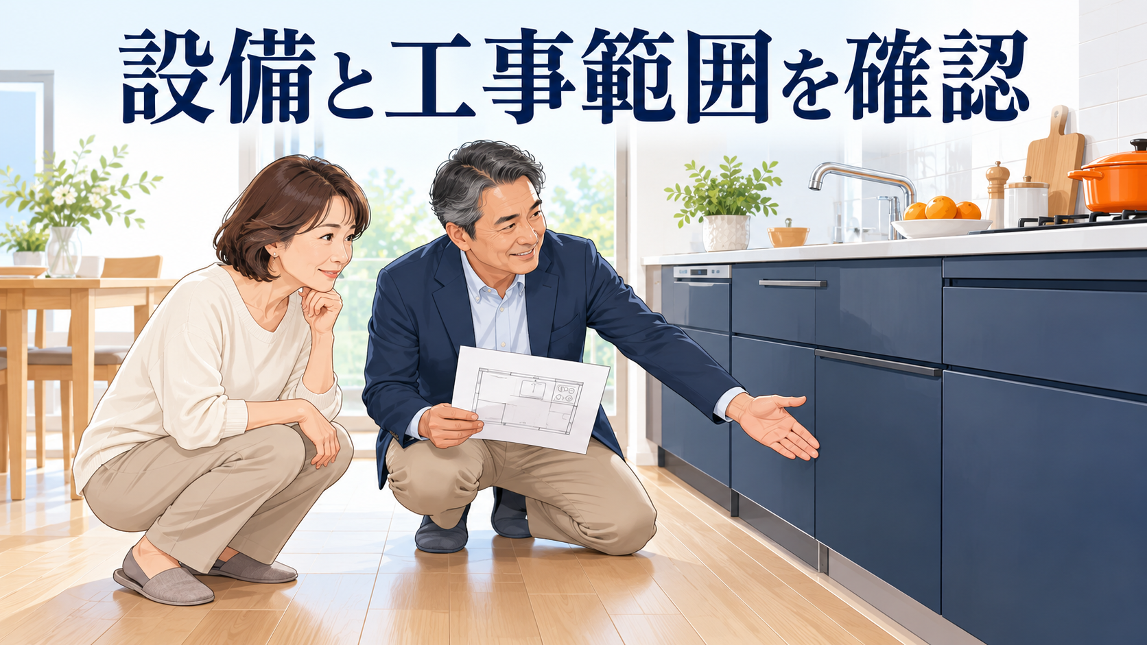 キッチンの設備と周辺の工事範囲を担当者と確認する様子
