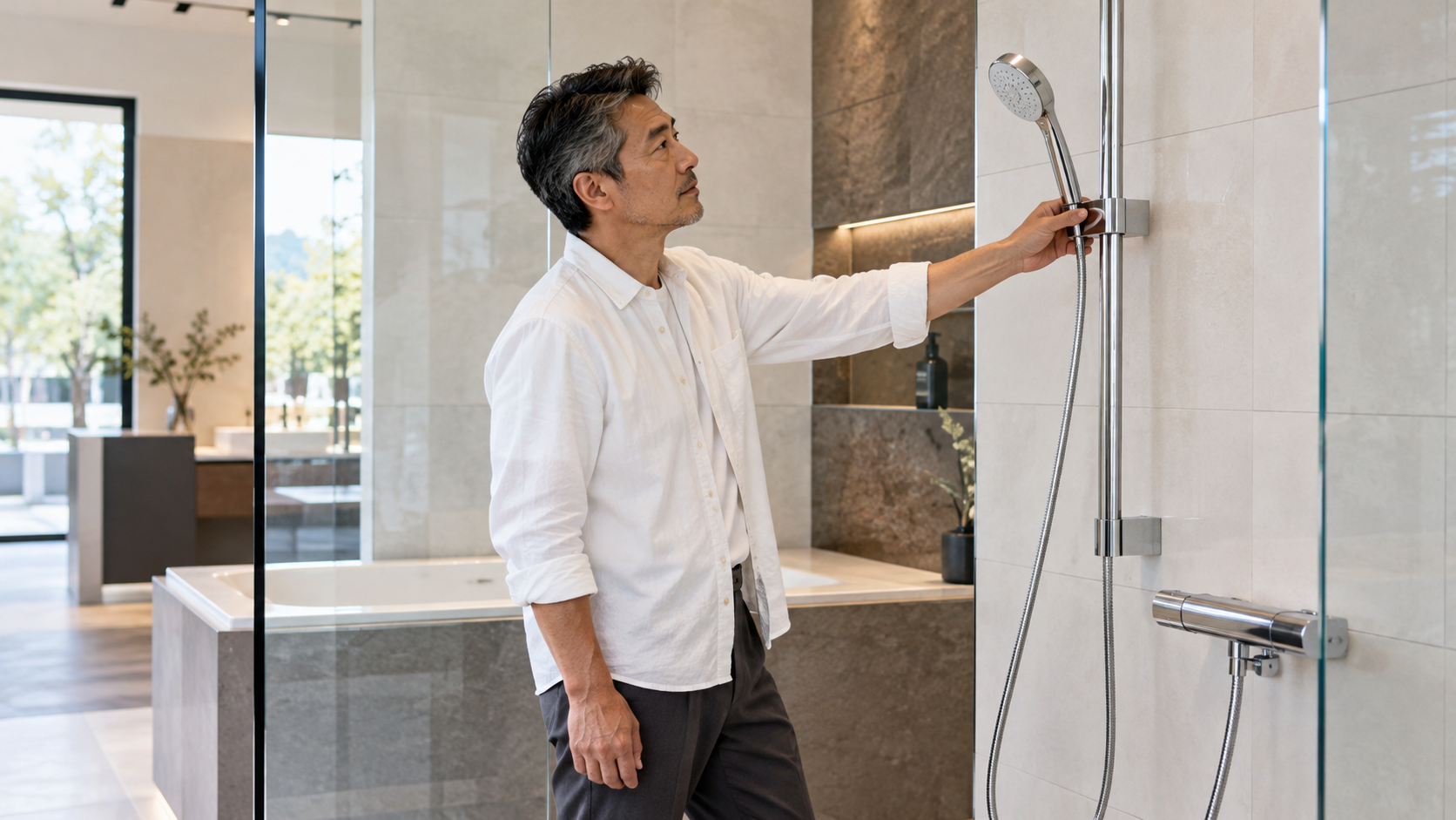 現代的な浴室ショールームでシャワーの高さと操作のしやすさを確認する男性