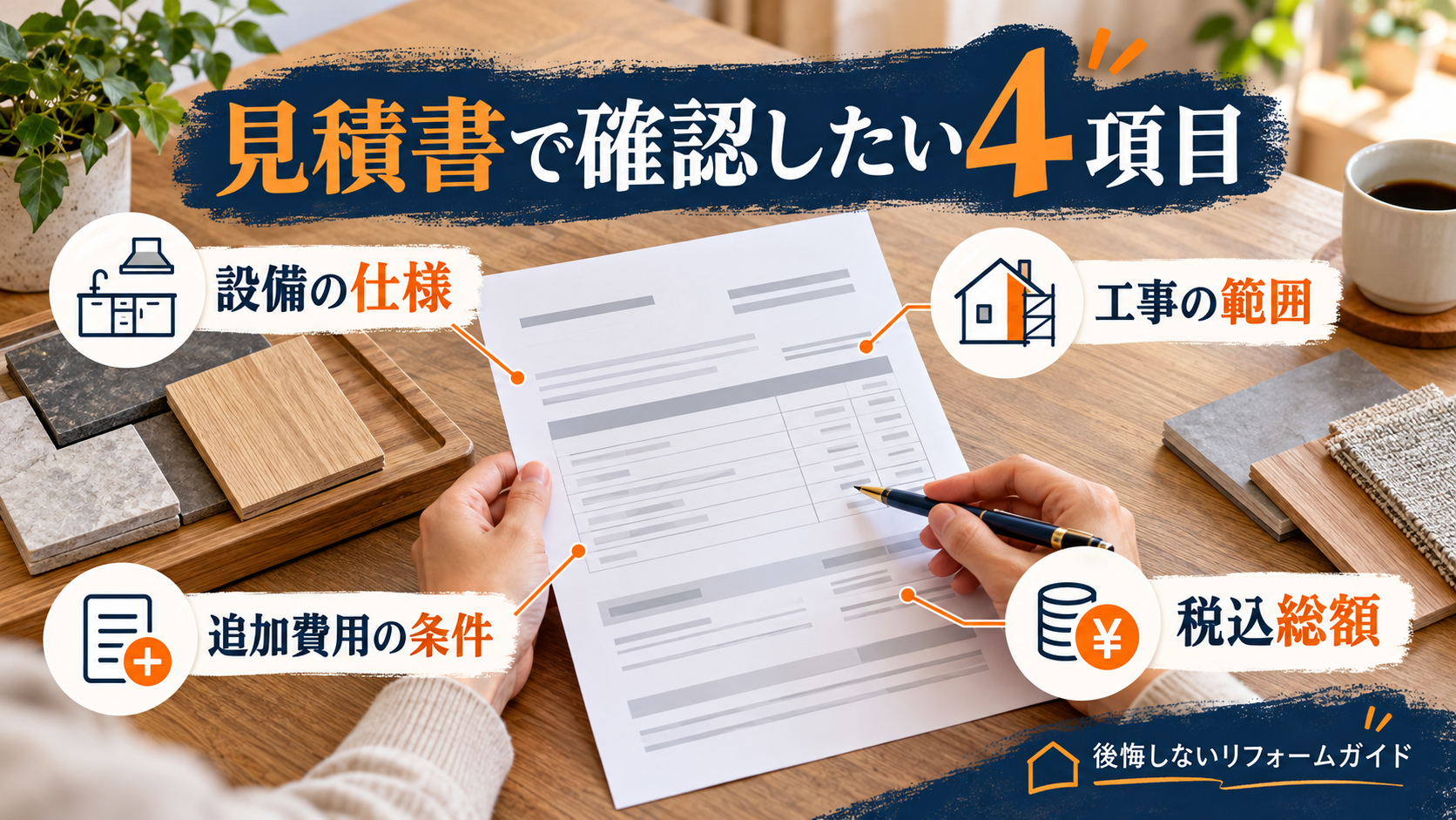 リフォーム見積書で確認したい、設備の仕様・工事の範囲・追加費用の条件・税込総額