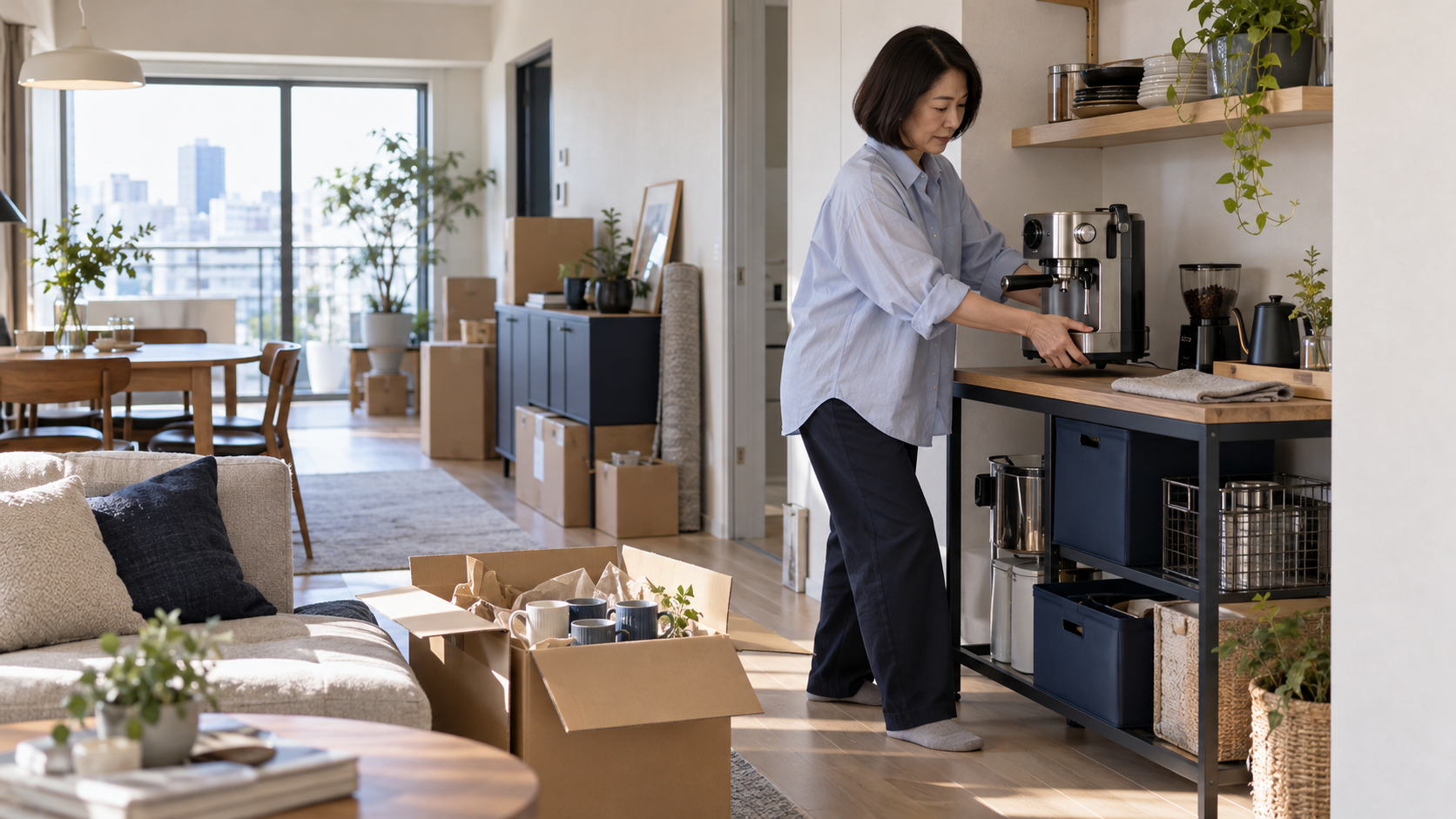 リフォーム前の片付けでコーヒーマシンを移動する女性