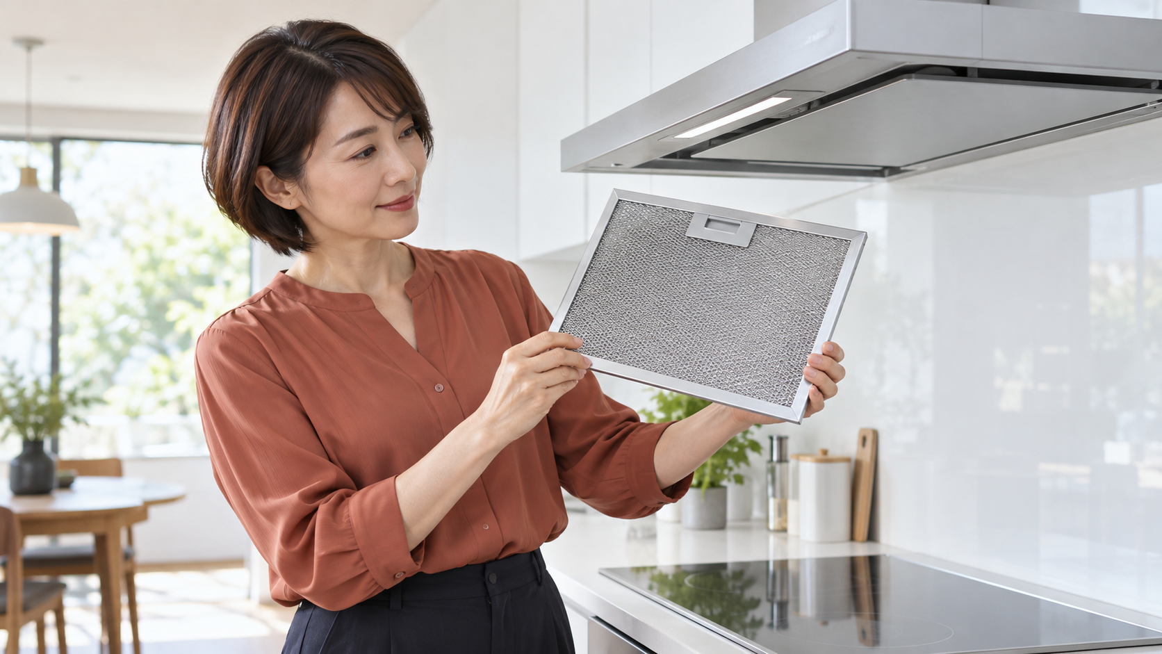レンジフードのフィルターを取り外して手入れのしやすさを確認する女性