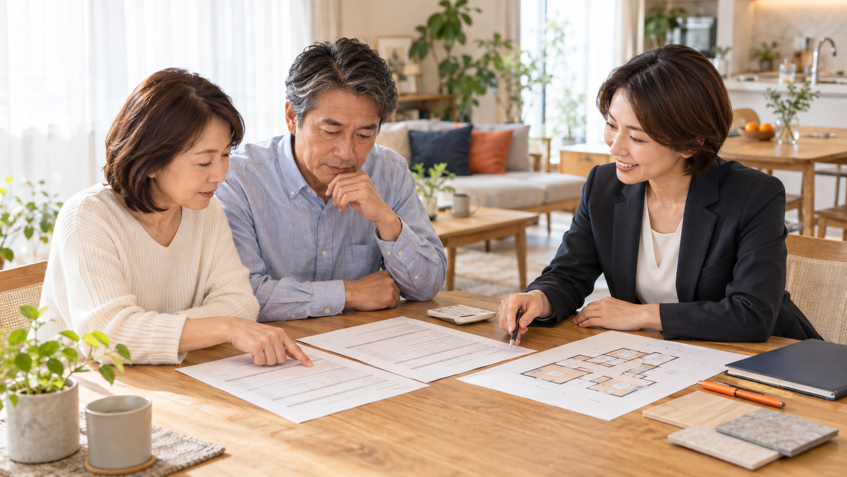 夫婦が担当者と見積書や間取り図を見ながらリフォームの工事範囲と費用を比較する様子