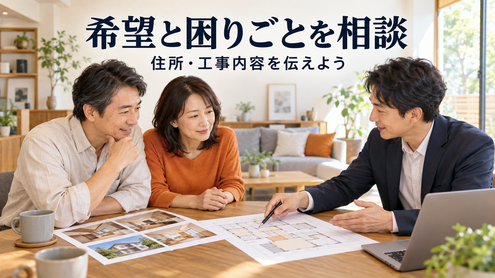 住まいの写真と図面を見ながら、リフォームの希望や困りごとを担当者に相談する夫婦のイメージ