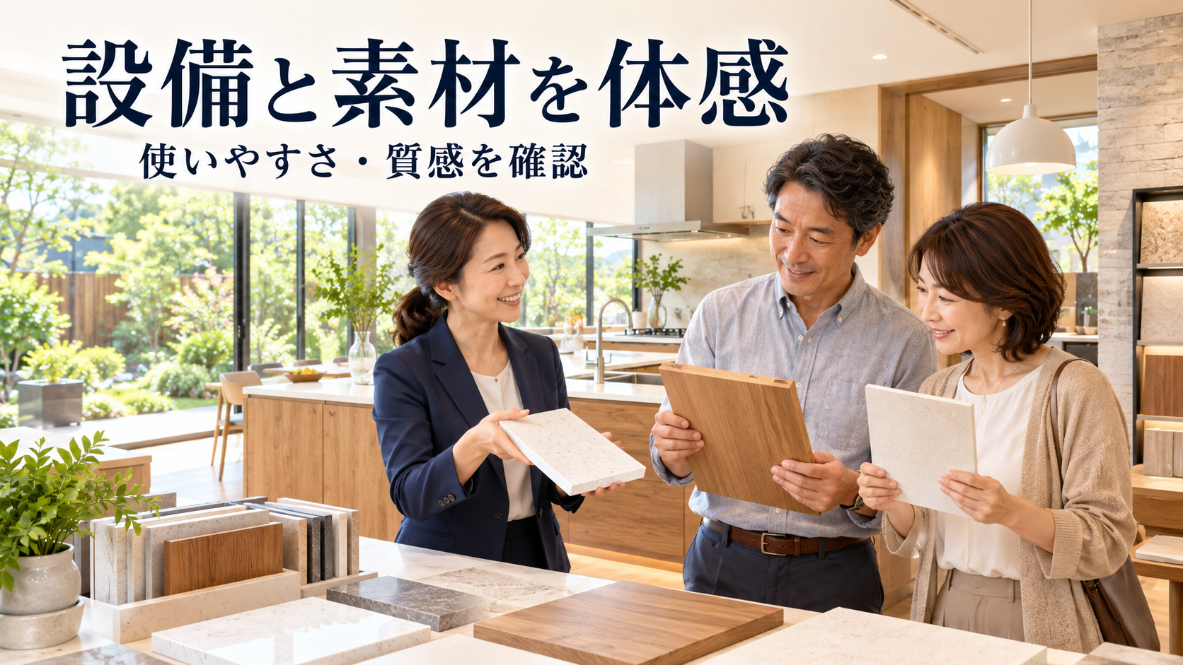 ショールームで設備や内装材のサンプルに触れ、使いやすさや質感を確認する夫婦のイメージ