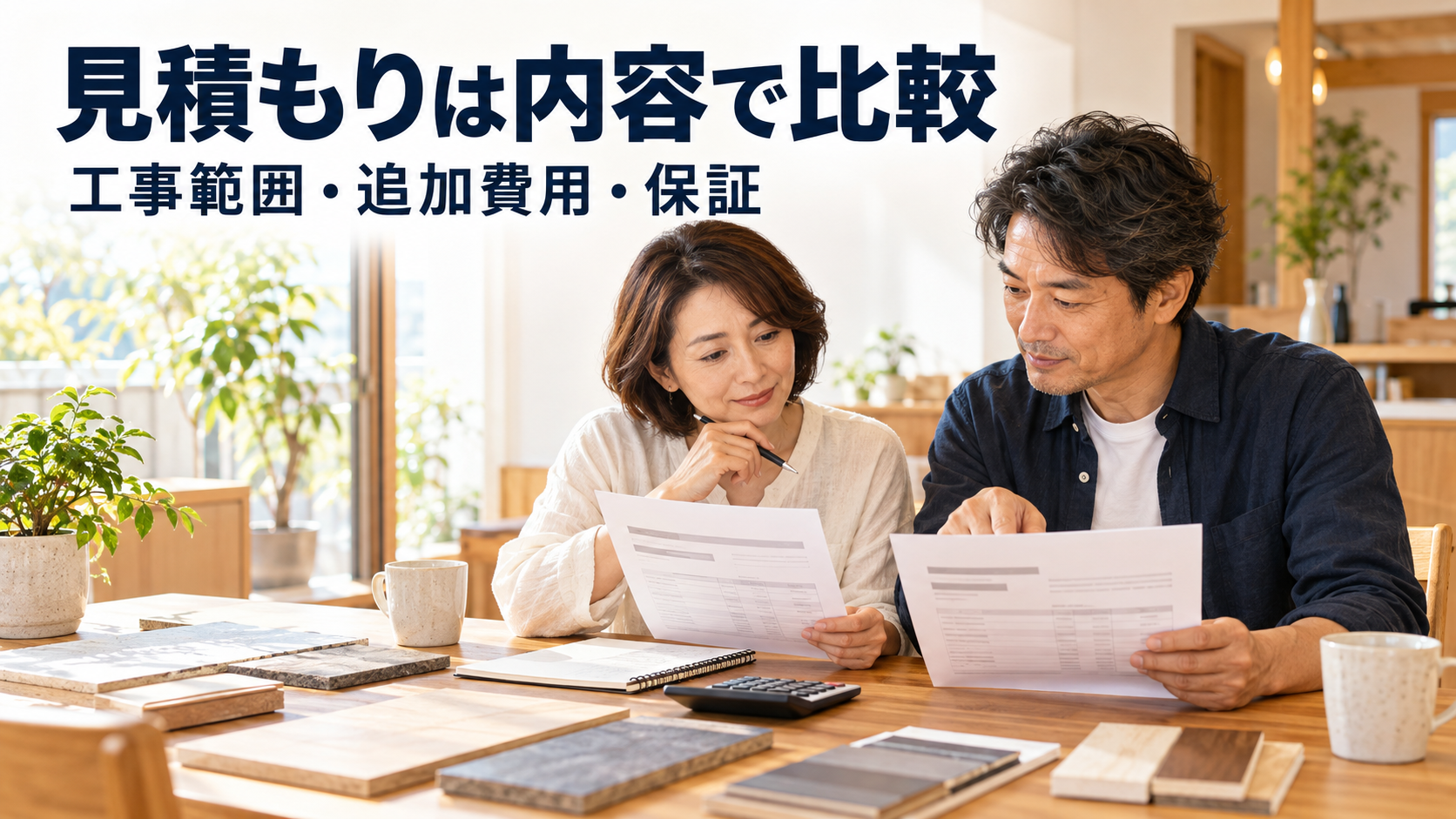 自宅でリフォームの見積書を見比べ、工事範囲・追加費用・保証を確認する夫婦のイメージ