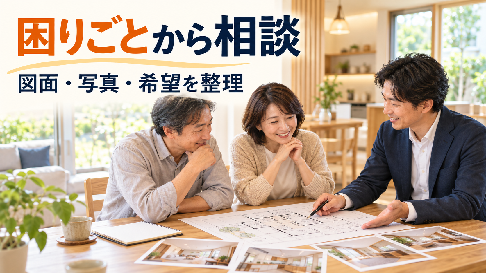 住まいの図面と困りごとのメモを見ながら、リフォーム担当者に相談する夫婦