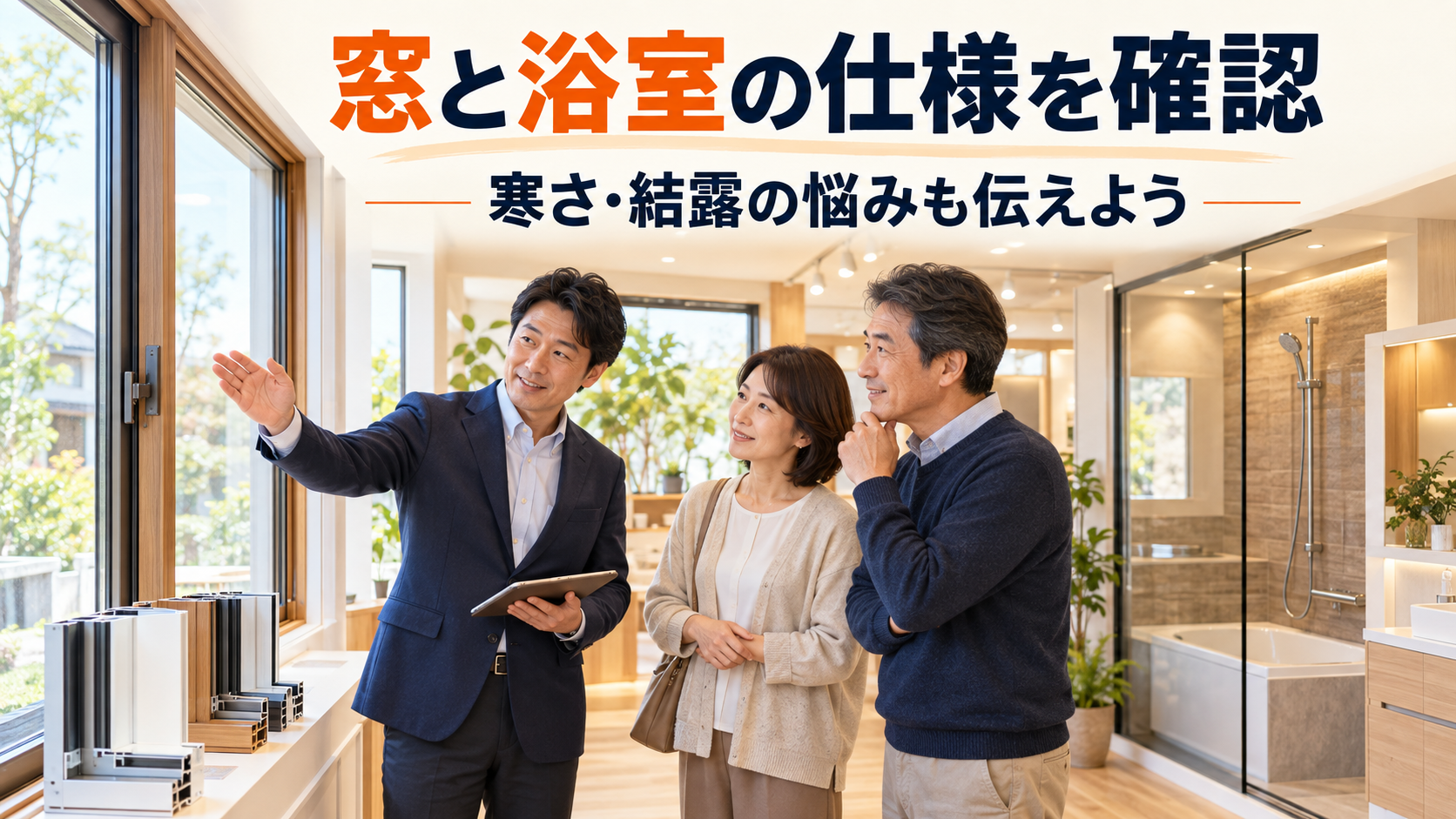ショールームで窓と浴室の仕様を確認し、寒さや結露の悩みを担当者に相談する夫婦